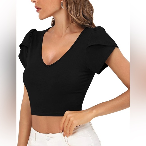 CLOZOZ V Neck Petal Short Sleeve Crop Topπfor Womenπ©π½Sz Small - Picture 2 of 9
